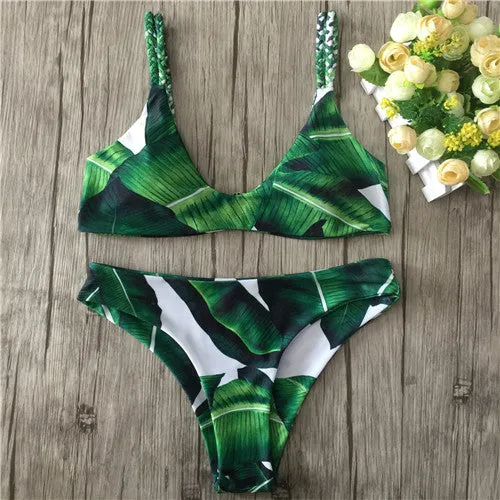 2017 Sexy Strappy Bikini Bandage Swimwear Leaves Tropical Swimsuit Retro Bikini Set Brazilian Bikinis Women Bathing Suit E968