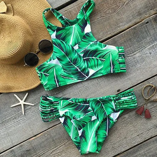 2017 Sexy Strappy Bikini Bandage Swimwear Leaves Tropical Swimsuit Retro Bikini Set Brazilian Bikinis Women Bathing Suit E968