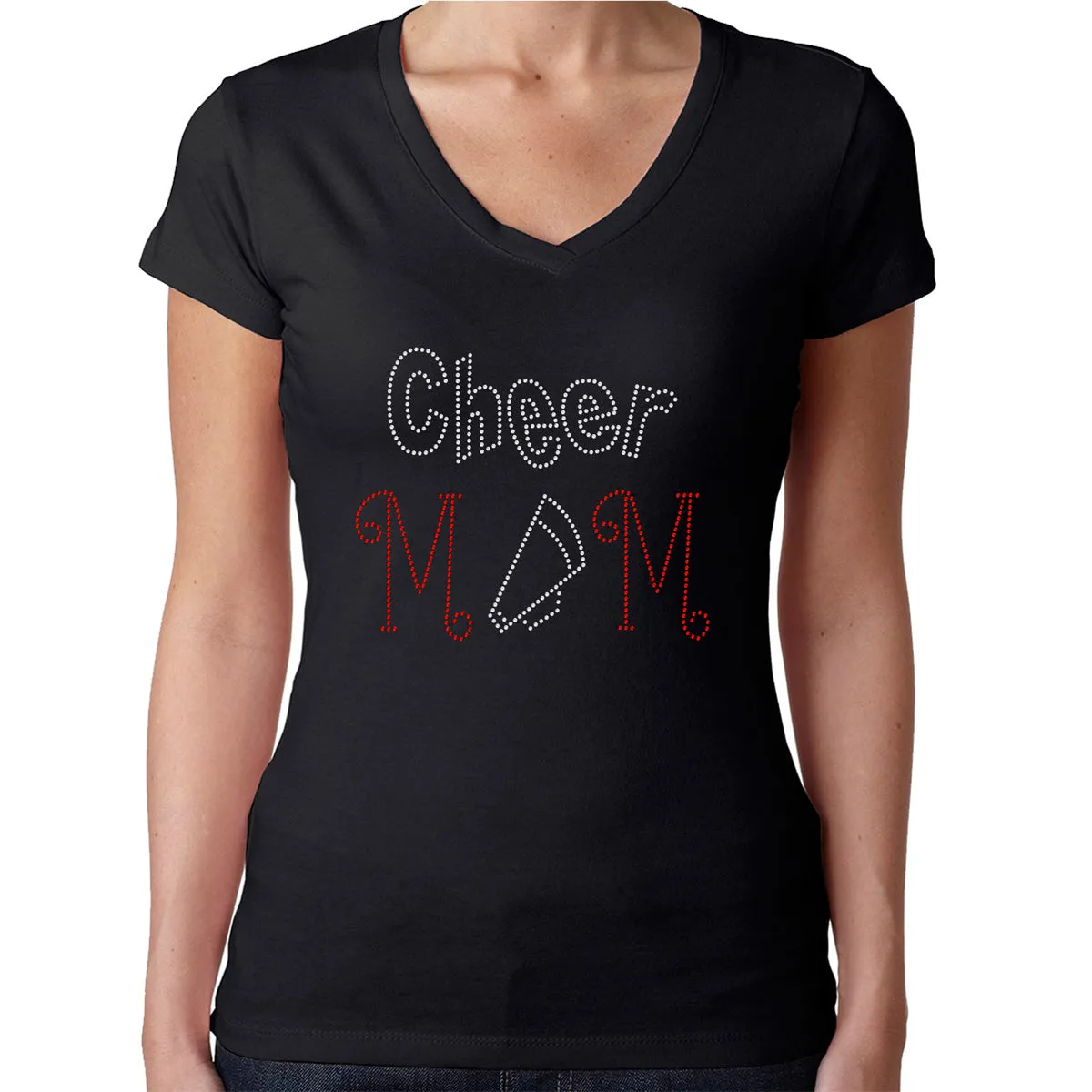 Womens T-Shirt Rhinestone Bling Black Fitted Tee Cheer Mom Megaphone